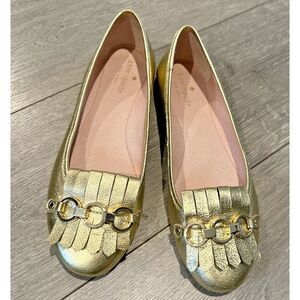 KATE SPADE Women Size 8M Brie Slip On Kilt Fringe Shoes Gold Metallic Round Toe‎